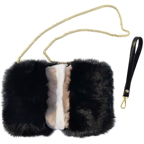 FINILUO Luxury Fox Rabbit Fur Purse For Women Furry wristlet handbag Crossbody Bag Clutch with Zipper (black) Cover