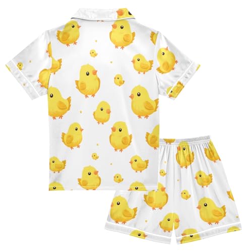 Yellow Cute Chicks Pattern Summer Satin Pajama Set, Cute Button-Down Sleepwear Pj Set for Sleep Wears2