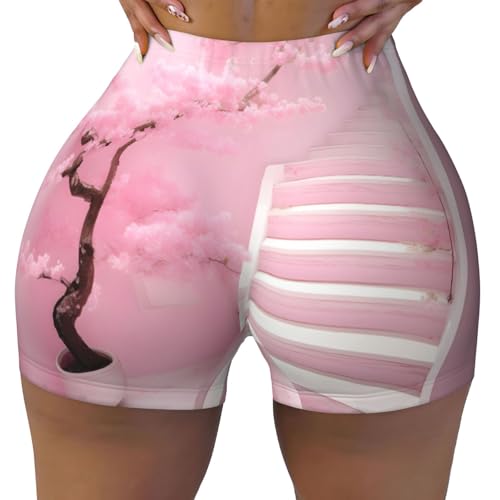 Cherry Blossom White Staircase Pattern Sports Shorts, high Elastic Slim Fitness Pants, Suitable for Yoga/Leisure/Daily wear