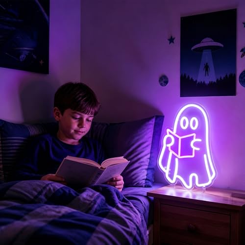 Image of White&Purple Neon Sign Led Neon Lights Signs for Wall Decor USB Powered Led Signs for Room Decoration-Ghost Read Book