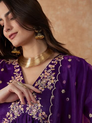 Image of SheWill Women's Vichitra Zari Sequence Embroidery Alia Cut Kurta with Palazzo Dupatta Set
