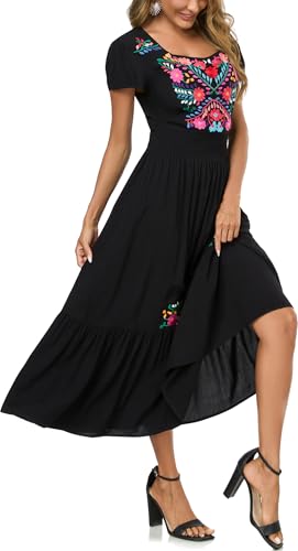 Image of Women's Summer Maxi Dress Casual Floral Embroidered Round Neck Short Sleeve Ruffle Tiered Dress Flowy Boho Beach Sundress