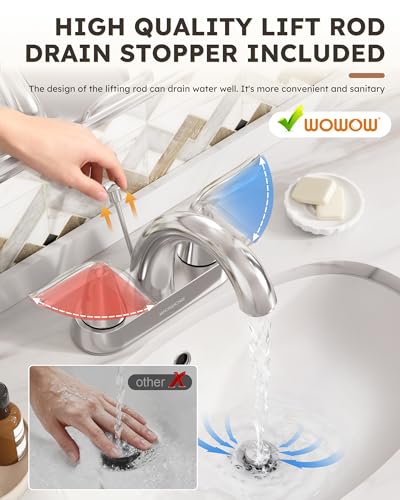 WOWOW Bathroom Faucet 2 Handle 4 Inch Centerset Bathroom Sink Faucet Lead-Free Basin Mixer Tap Lift Rod Drain Stopper, Two-Handle Center-Set Lavatory Faucet Chrome - image 4