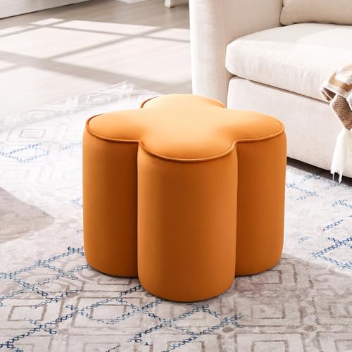 Image of Zesthouse Flower Pouf Ottoman Foot Rest, Velvet Fabric Poofy Ottoman Stool | Large Ottoman Footstool for Couch, Modern Living Room Stool Seat, Cute Square Vanity Stool for Bedroom Orange Dorm Foot Stool