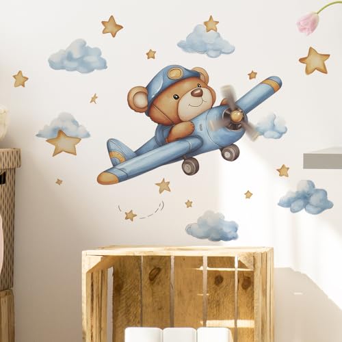 Image of Cute Bear Pilot Airplane Wall Stickers for Kids Nursery - Removable Peel and Stick Decals with Stars and Clouds - Watercolor Vinyl Decor for Baby Room Bedroom - Safe Non-Toxic Gift