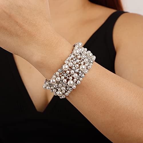 JWICOS Wedding Bracelet for Brides Fashion Sparkly Pearl Rhinestone Deco Bracelet for Party Prom Pageant Bridesmaids Gift Bridal Bangle Jewelry for Women3
