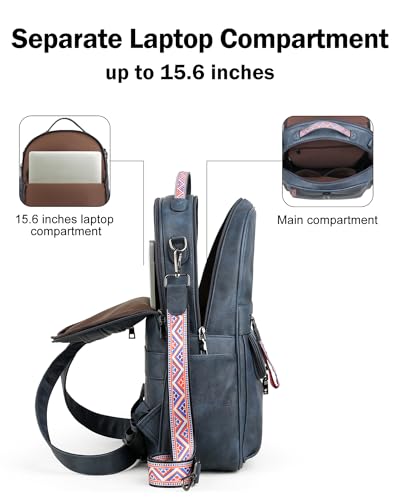 FADEON 15.6 inch Leather Laptop Backpack Purse for Women, Designer Travel PU Backpack with Laptop Compartment for Work Blue3