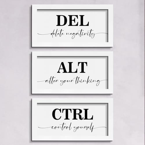 Pinetree Art Motivational Wall Art for Office Decor, CTRL ALT DEL Framed Inspirational Positive Quotes Canvas Print (white, 6"x12"x3)