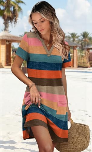 Image of WIHOLL Summer Dresses for Women Casual V Neck Wedding Guest Dress Hawaiian Midi Dress Fashion Beach Vacation Clothes
