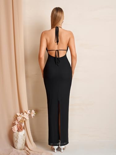 Image of KUTUMAI Women V Neck Long Formal Dress Floral Bodycon Maxi Split Back Dresses Sexy Sequin Evening Cocktail Party Gown
