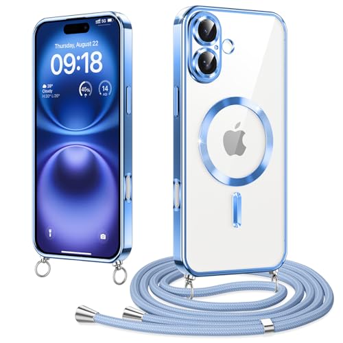 Elettrolitico Magnetica Cover con Cordino per iPhone 16 6.1 Compatibile con Magsafe Ricarica Antiurto AntiGraffio con Collana Regolabile Case per 16 wireless tpu blu