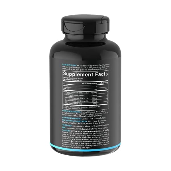 Sports Research Triple Strength Omega 3 Fish Oil - Burpless Fish Oil Supplement w/EPA & DHA Fatty Acids from Single-Source Wild Alaskan Pollock - 1250 mg, 90 ct