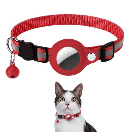 猫 エアタグ 用の 首輪 gpsペット 追跡装置 首輪 猫用 安全 猫用 小型犬用 gps air tag 犬 子猫 セーフティバックル 鈴 迷子防止 軽量 耐衝撃 スマホ対応 調節可能 頑丈耐用 (Red, 20-30cm)