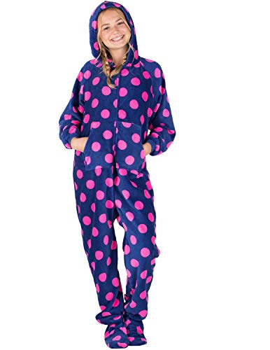 Footed Pajamas - Navy Pink Polka Kids Hoodie Chenille Onesie - Kids - Large (Fits 4\'9 - 4\'11\") - Thumbnail 2