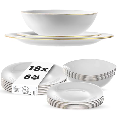 KADAX Vajilla para 6 personas, 18 piezas, con platos hondos, platos de postre y platos llanos, vajilla, juego de platos, color blanco y dorado