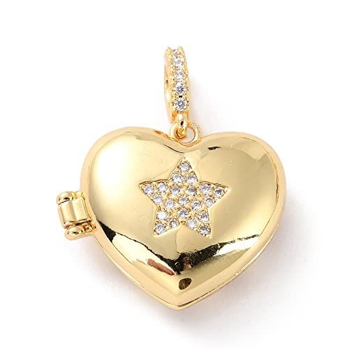 Ipotkitt 5Pcs Heart with Star Brass Micro Pave Cubic Zirconia Diffuser Locket Charm Pendants Openable Ornaments for DIY Making - 19.5x22.5mm