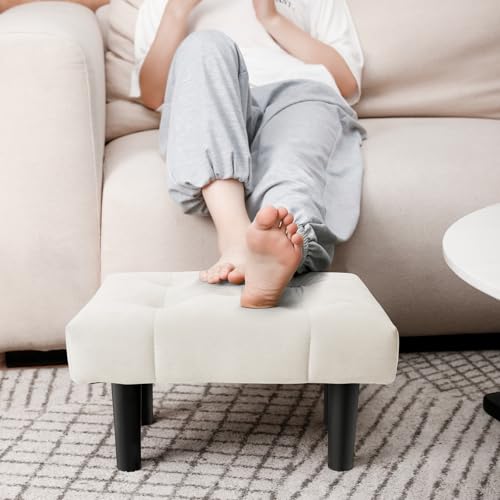 Image of HOUCHICS Small Footstool Ottoman,Velvet Soft Footrest Ottoman with Wood Legs,Sofa Footrest Extra Seating for Living Room Entryway Office(White 1PACK)