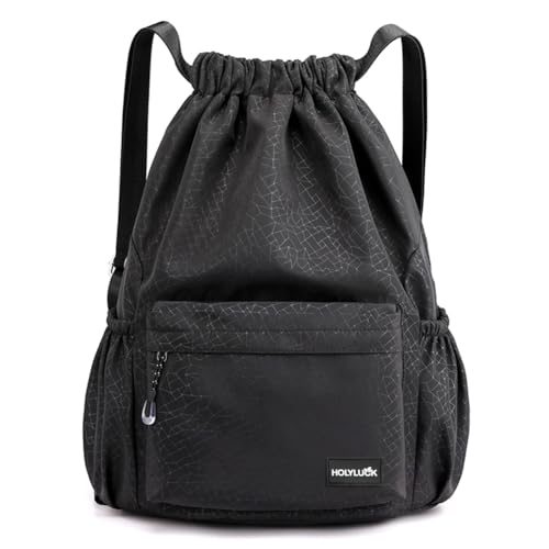 Image of HOLYLUCK Drawstring Backpack Sports Gym Bag Water Resistant String Bag Cinch Sackpack with Side Zipper Pocket for Shopping Sport Yoga -black