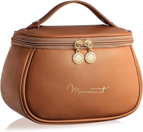 Zollyss Leather Cosmetic Organizer Bag Makeup Pouch for Women Travel Toiletry Bag for Cosmetics Brushes Accessories Waterproof Zippered Cosmetic Bag Portable Carry Pouch,10 Cm (Brown)