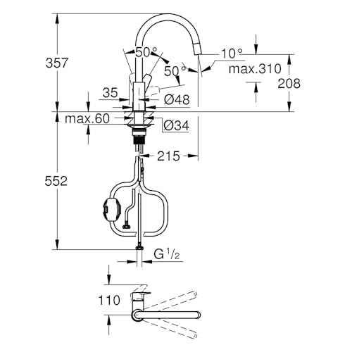 Image of Grohe StartEdge Pull-Out Single-Lever Sink Mixer Faucet| Deck Mounted Kitchen Sink Tap | Hot and Cold Single Lever Faucet with 360 Swivel Spout | Chrome Finish | 10 Year Warranty | 30551000