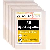 Creative Deco 30 x A5 Sperrholzplatte 3mm | 148 x 210 (+/- 0,5) mm | Birkensperrholz Dünne Holz-Zuschnitte | Perfektes Blatt für Laubsäge, Brandmalerei, Laserschnitt, CNC Router, Durchbrochenes