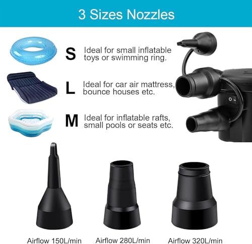 Elektrische Luftpumpe Pumpe mit 3 Luftdüse 2 in 1 Aufblasen und Entleeren Elektropumpe Power Pump für Aufblasbare Luftmatratze Matratze Kissen Bett Boot Schwimmring 3