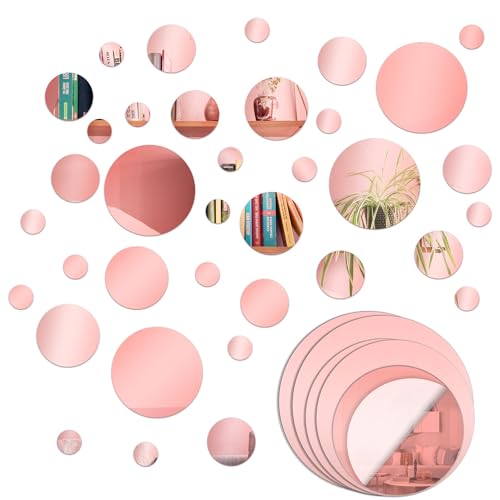 AIMUNOK 66Pcs Rose Pink Circle Mirror Stickers - Polka Dot Funky Aesthetic Self-Adhesive Wall Decals for Bedroom, Living Room, Kitchen & Hallway, Easter Removable Teen Girls Decor
