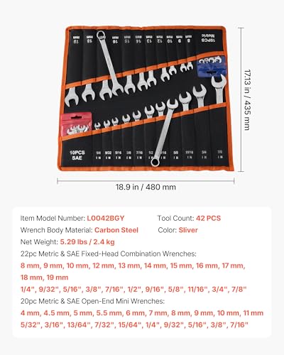 Image of VEVOR Combination Wrench Set, 42-Piece SAE and Metric, 12-Point Box End and 15 Angled Open End Combination Wrenches with Roll Up Pouch, Carbon Steel, for General Household and Automotive Repairs