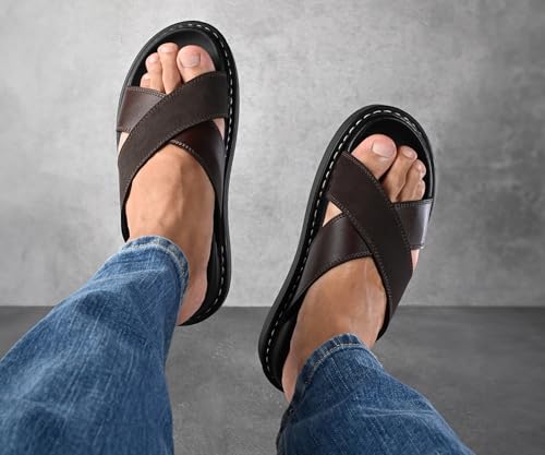 Image of LOUIS STITCH Brown Comfortable Men's Sandals | Lightweight Casual Cross Strap Slip-On Sandals| Everyday Wear Sandals with PU Cushion Sole | LSOF-22-BB
