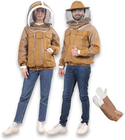US-Keepers 3 Layer Ventilated Bee Jacket for Men & Women, Premium Beekeeping Jacket with Gloves & Two Beekeeper Veils. (Brown J/XL)