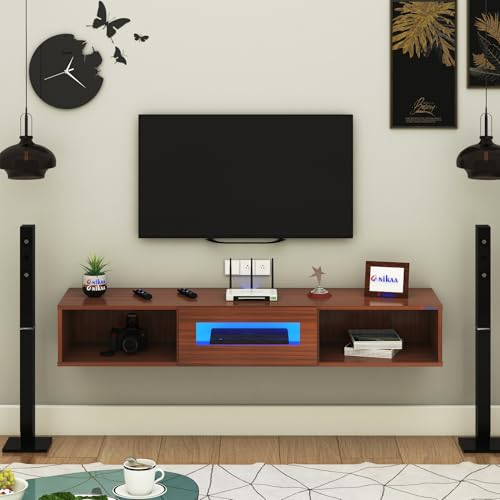 Image of Anikaa Novus Wall Mount Modern Floating TV Unit for Living Room with Open Shelf Storage Cabinet & Middle Cabinet Blue LED Light (Ideal for 32 to 65 inch TV, DIY Installation, Walnut Finish)