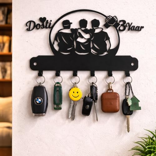 Image of Metal Dosti Key Holder Wall Mount | 7 Hooks Key Hanger No Drill | Decorative Friendship Design Key Rack for Home Entryway Kitchen | Wall Hook Organizer