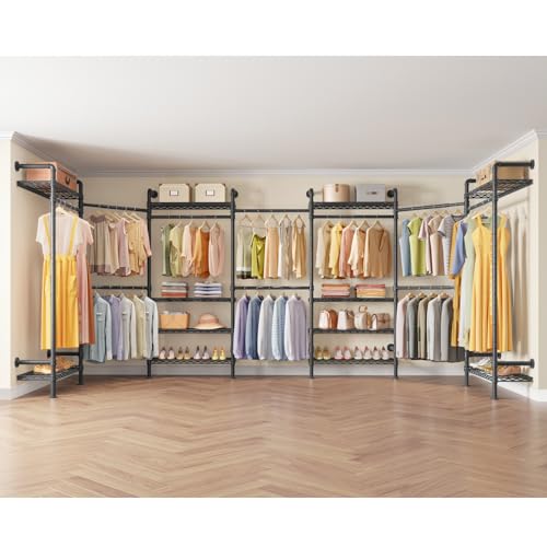 Timate U3 U Shape Garment Rack Heavy Duty Clothes Rack for Hanging Clothes, Expandable Industrial Pipe Clothing Rack Wall Mounted Closets L Shaped Wardrobe Closet System, Large Closet Kit, Black