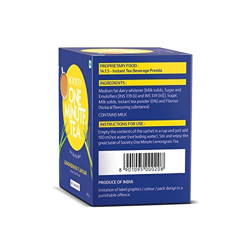 Image of Society One Minute Tea | Lemongrass Flavour | Refreshing Lemongrass Flavour | Flavoured Instant Black Tea | 14G X 10 Sachets (140 Gram) | Pack Of 2