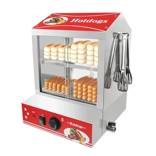 Sovtekr Hot Dog Steamer with Bun Warmer - Electric Steaming Machine 2-Tier 27L/28.8 QT Capacity for 175 Hot Dogs & 40 Buns, Visible Glass Slide Doors for Commercial Home Use