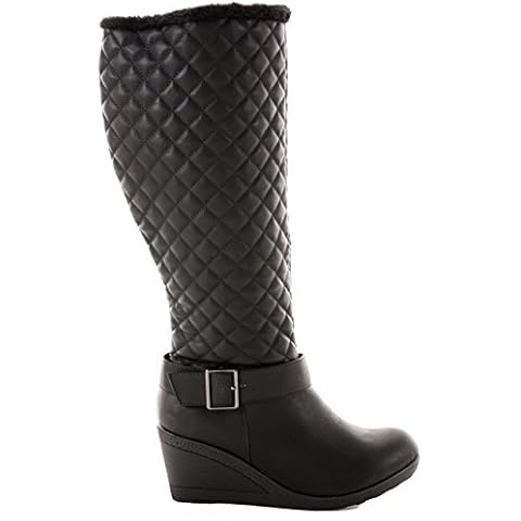 Womens Ladies Mid Heel Platform Calf Winter Wedge Knee High Boots size, Style 2 - Black Faux Leather, 8 UK / 41 EU Cover