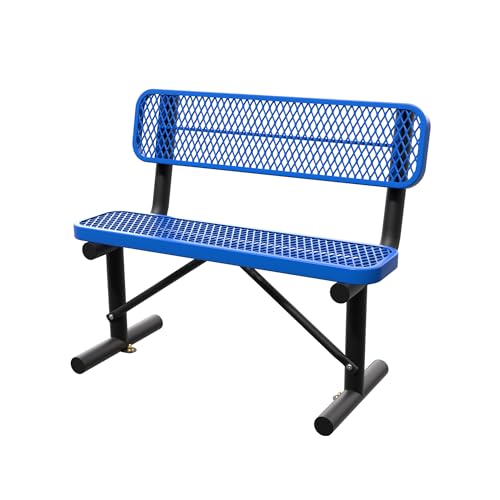 Image of 4FT Outdoor Metal Bench Park Benches for Outside, Blue Heavy Duty Long Steel Bench with Back, Commercial Garden Bench Expanded Metal Bench Seat for Lawn, Park, Deck, Garden, Patio, Porch