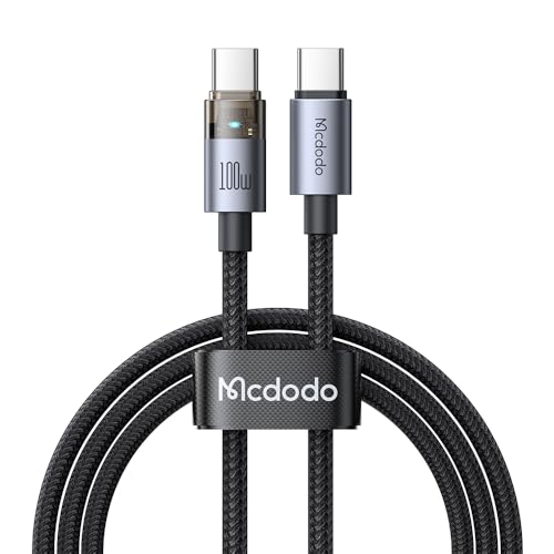 Image of mcdodo 100W USB-C to USB-C Charging Cable with Flashing Light 4ft, Nylon Braided USBC to C Fast Charging Cable Fit for iPhone 16 15 Pro ProMax Plus, Galaxy S23 /S22+Ultra, iPad, MacBook(Black)