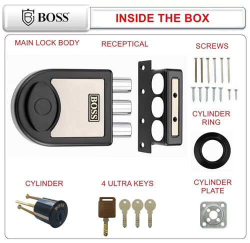Image of B BOSS Three Dead Bolt Rim Lock with 4 High Security 14 Pin Ultra Keys Universal for Left /Right Handed Inside Opening Office or Home Main Door 15 Years Manufactuing Warranty (Jet Black)