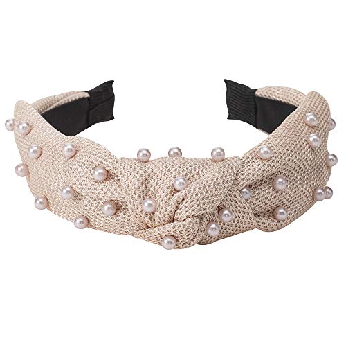 Madison Tyler Hair Collection Knotted Woven Fabric Wide Headband with Pearl for Women and Teens Fashion Hair Accessories - Light Taupe