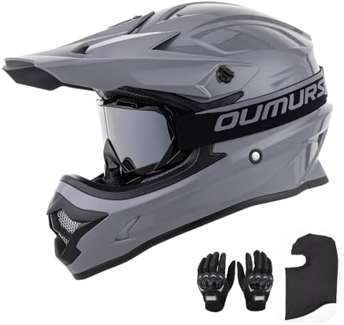 OUMURS Adult ATV Dirt Bike Helmet with Goggles Gloves & Mask Adjustable Sun Visor Motorcycle Adult Helmet Off-Road Motocross Downhill Moped MX for Unisex-Adult-Gray, XL