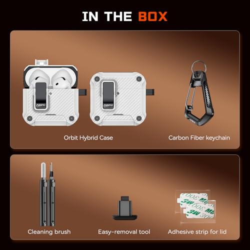 Image of Inesore for AirPods 4 Case with Secure Lock (White) | Phone Stand Design,Compatible with MagSafe,Automatic Snap Switch Secure Cover Carbon Fiber Texture with Cleaner Kit