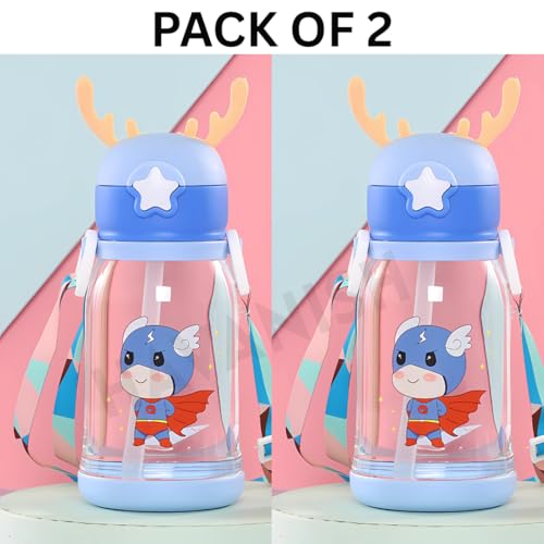 Image of Antlers Water Bottle for Kids 600ml BPA Free | Soft Silicone Sipper Transparent Bottle for Boys & Girls | Reusable Leak Proof with Strap for School, Sports, Travel & Outdoor Use - Pack of 2 (Blue)