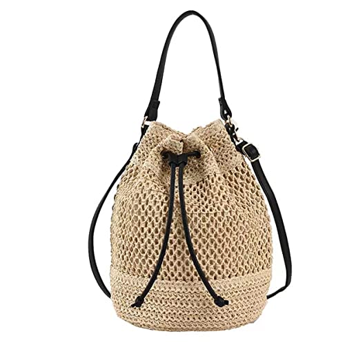 Image of Women Straw Drawstring Bucket Purse Small Tote Shoulder Handbag Hollow Out Cross-body Bag for Summer,Beach | Straw