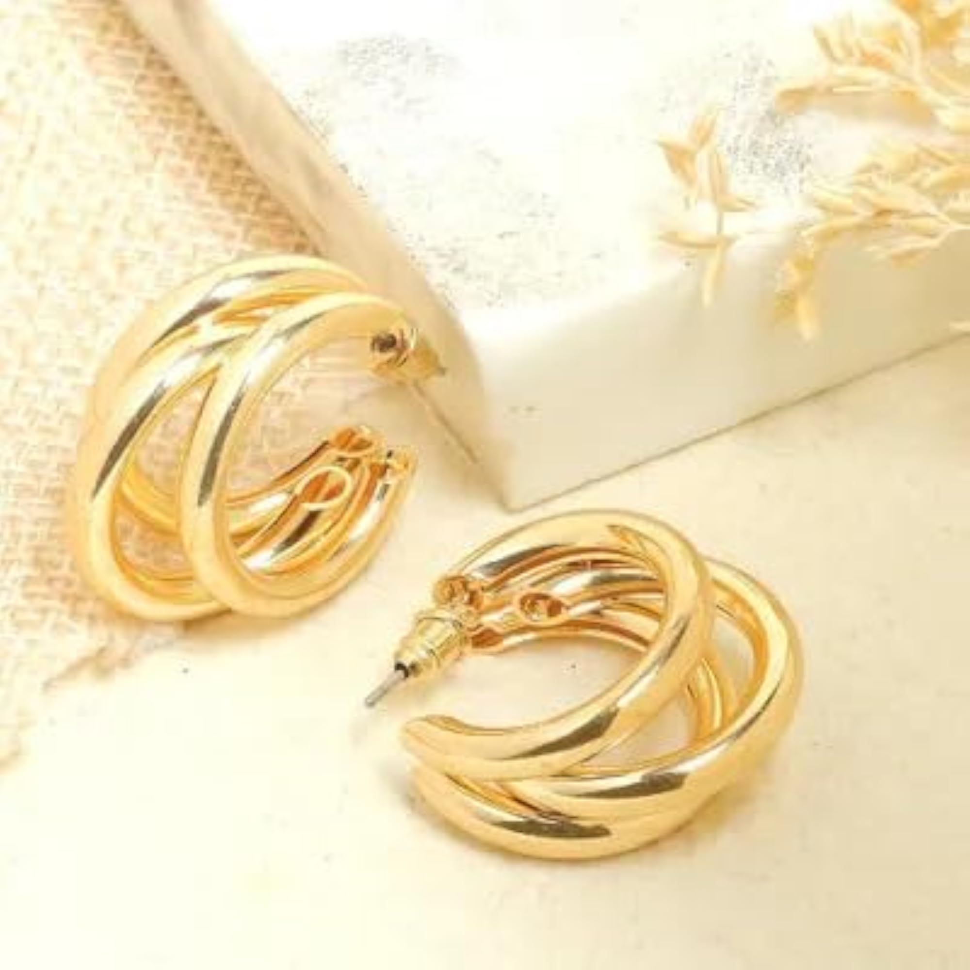 Women's Gold Plated Chunky Triple Hoop Earrings Set