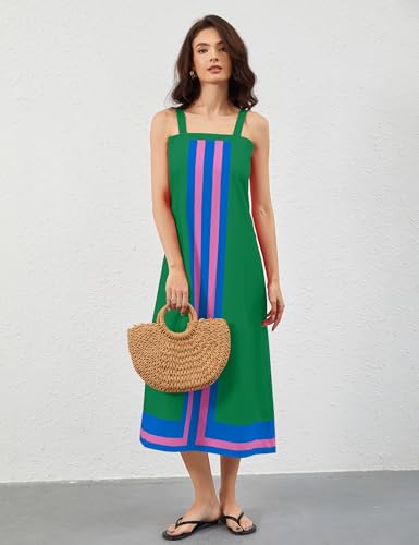 Image of calbatic Women Color Block Sleeveless Striped Maxi Dress Square Neck Backless Casual Flowy Summer Dress Small Green