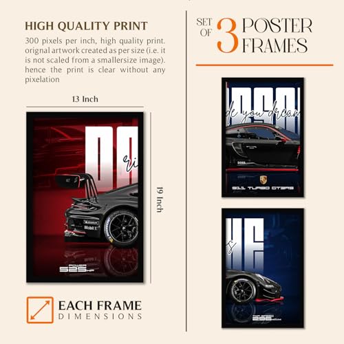 Image of ARTELLY Big Porsche 911 GT3rs Sports Car Framed Wall Posters, Set of 3, Premium Framed Painting, Living Room Bedroom Decoration, Large Size Gift Item for Boys Room Decor (Porsche 4, 13x19 inch)