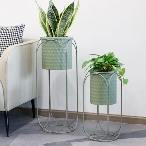 TRIROCKS Juego de 2 macetas de metal con soporte para interiores y exteriores