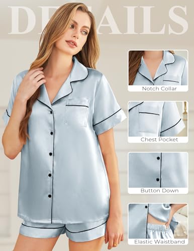 Image of Silk Pajamas for Women Short Sleeve Sleepwear Soft Button Down Loungewear 2 Piece Satin Pjs Shorts Set S-XXL