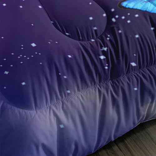 Image of AILONEN Rose Comforter Set Full Size,Galaxy Moon Rose Bedding Set,Blue Butterfly Floral Bed in a Bag Duvet Set 3 Pieces, 1 Quilt and 2 Pillowcases